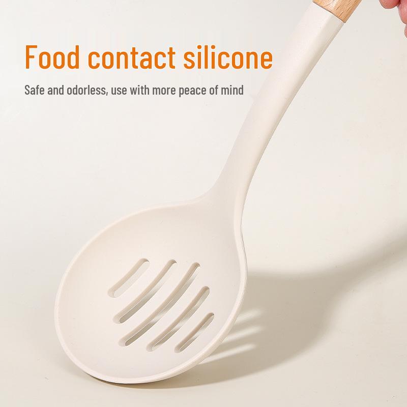 Wooden Handle Silicone Kitchenware Set: Non-stick Spatula & Ladle, High-Temp Resistant Cooking Tools.