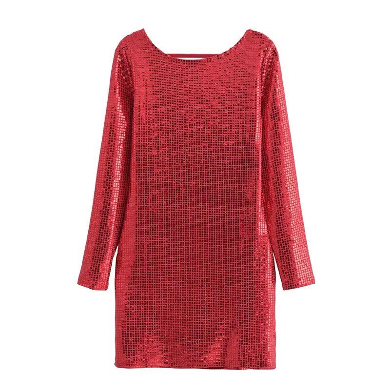 

Za Women s Clothing Spring New Arrival French Sexy Style round Neck Long Sleeves Open Back Hot Rhinestone Hip-Wrapped Short Midi Skirt Dress Red S