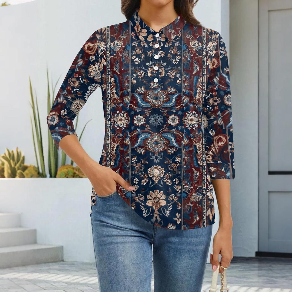 Women's Fashion Casual Lapel Short 3/4 Sleeve Print Shirt Women's Button Up Tops