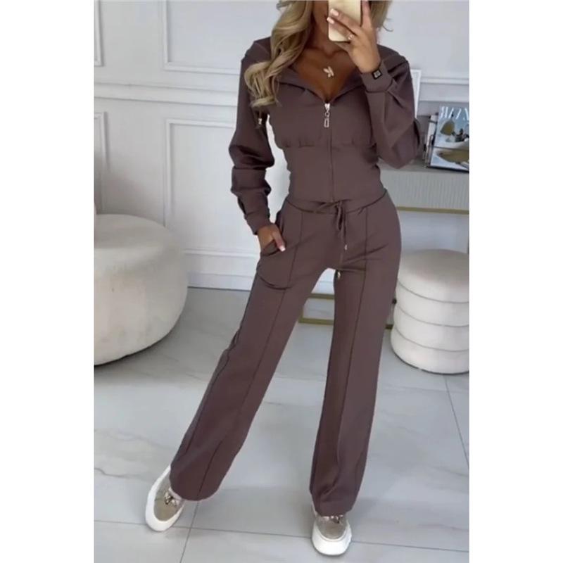 2025 Autumn/Winter European & American Solid Color Hooded Zip-Up Top and Wide-Leg Pants Set