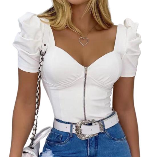 Kadın Üst U Yaka Puf Kol Seksi Düz Renk Fermuarlı Tişört Flört için