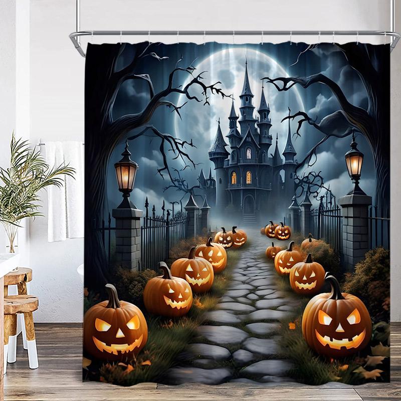 Horror Halloween Shower Curtains Pumpkin Skeleton Black Raven Cat Castle Skull Bath Curtain Set Home Bathroom Decor with Hooks