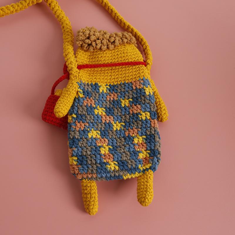 Hand Crocheted Sausage Mouth Ugly Cute Plush Phone Bag Women Cartoon Crossbody Small Purse