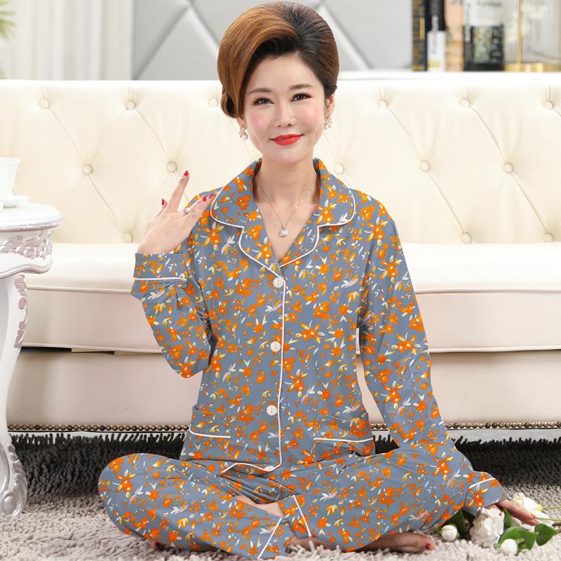 Frühlings- und Herbstpyjama Damen Imitationsbaumwolle langärmelig dünn hochwertig reiche Blume Mutter Loungewear-Set