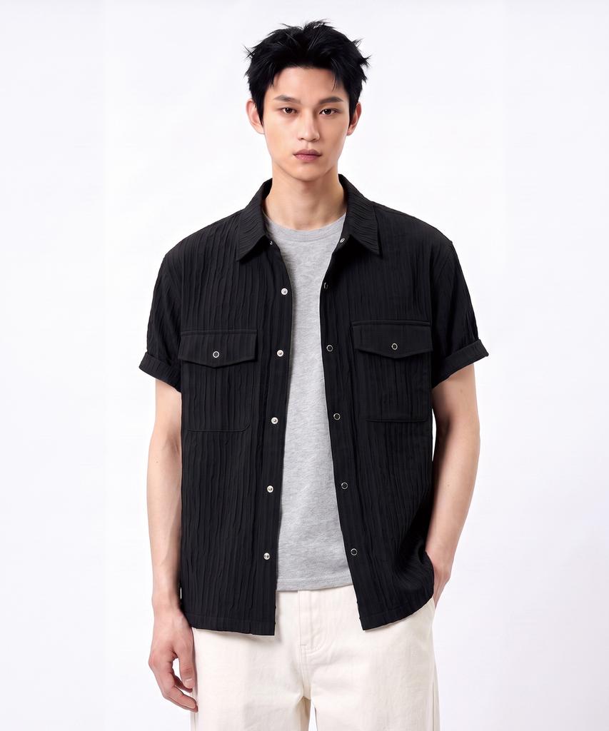 UNDEROFF [Set] Roll-Up Sleeve Crop Short Sleeve & Wrinkle Crop Pocket Short Sleeve Shirt