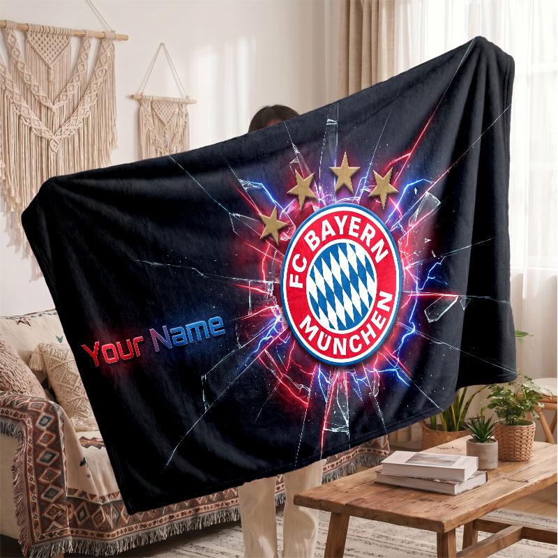 Personalisierte Fleece-Decke FC Bayern München Mit Fußball-Logo, Individueller Name Text Weich Warm Home Überwurfdecke