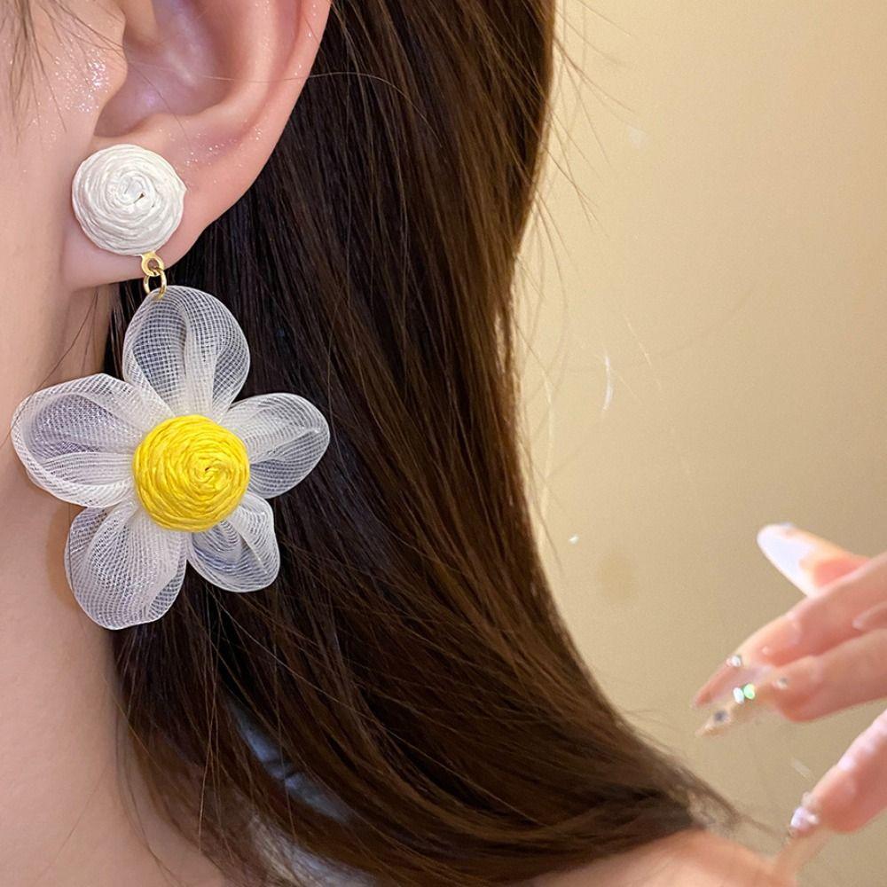 Sunflower Multi-colored Ear Accessories Raffia Flower Ear Drop Handmade Wood Drop Earrings  Daily