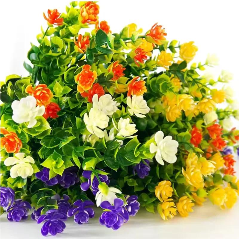 Artificial Flowers Seven Cross Milan Eucalyptus Camellia Office UV Fake Flowers Plastic Bouquet Wedding Home Decoration