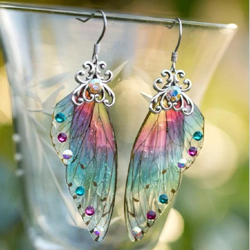Fantasy Neon Color Rhinestone Cicada Wings Earrings Trendy New Butterfly Gradient Pink Blue Sequins Long Drop Earrings Jewelry