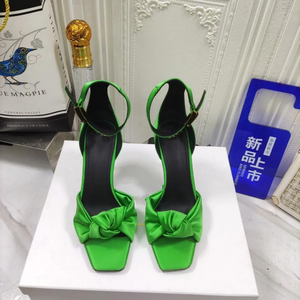 Fashion Satin Butterfly Knot Women Sandals Metal Thin Heel Sexy Square Toe High Heels Ankle Buckle Fashion Sandals Solid Color Shoe