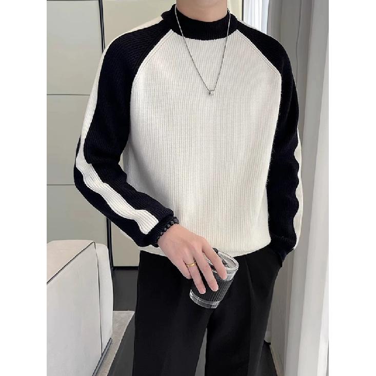Pull Chaud à Col Roulé Automne et Hiver pour Homme Coréen Classique Vintage Manches Raglan Couleur Contrastée Pull Chemise de Fond Pull Homme
