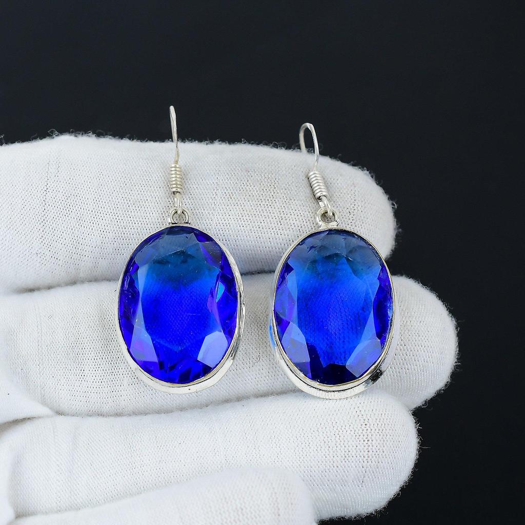 Atemberaubende London Blue Topaz Edelstein Ohrringe, 925 Sterling Silber Ohrringe, Handgefertigte Boho Silber Schmuck Hängeohrringe, Ostergeschenk für Ehefrau