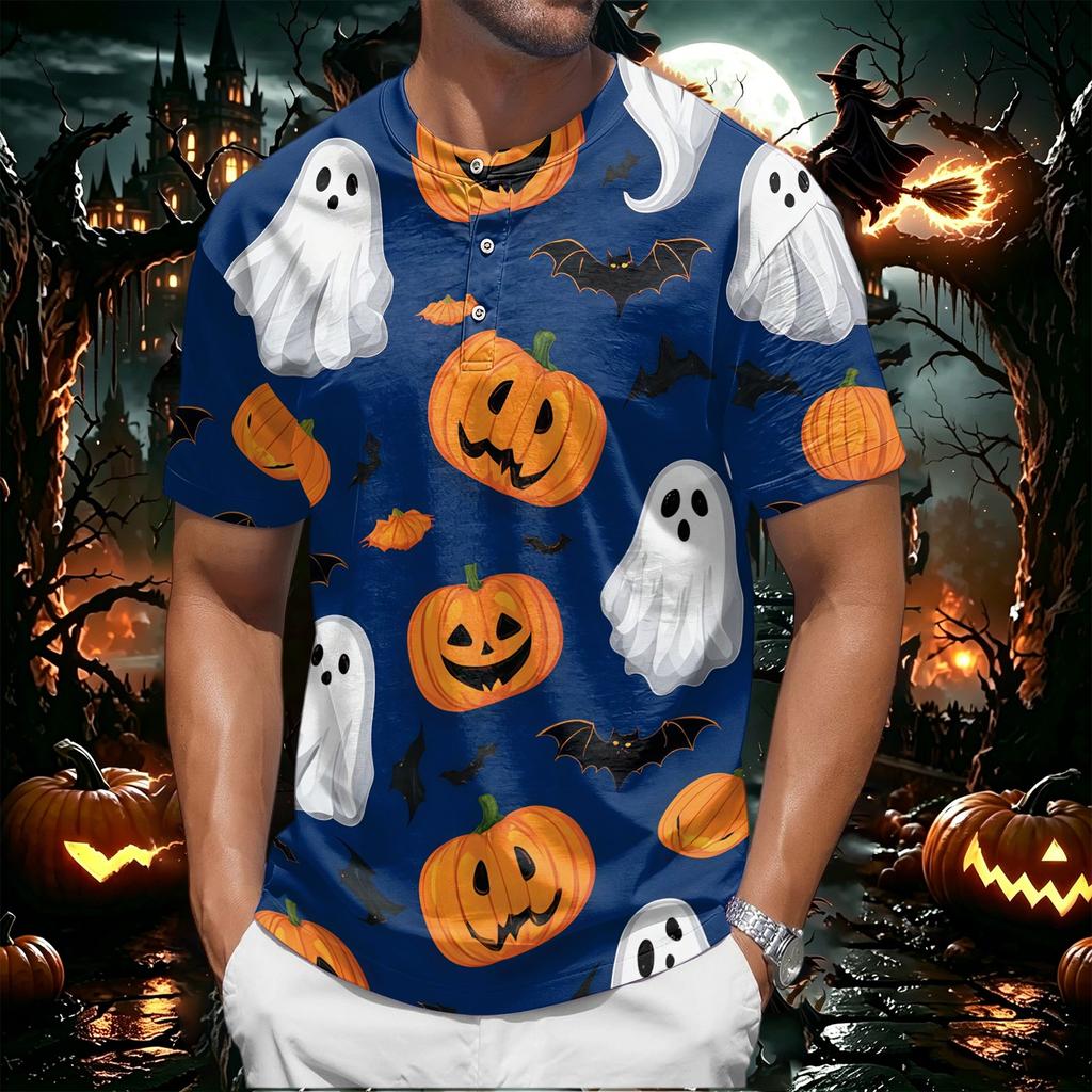 Men's Halloween Print Short Sleeve Henley Shirt Casual Button Up T-Shirt Lightweight Breathable Fabric for Everyday Wear