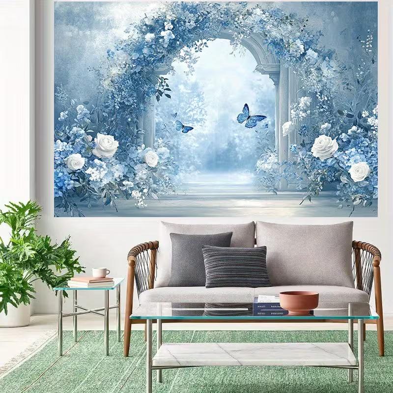 2D Enchanted Blue Floral Door Backdrop, Watercolor Garden with Butterflies for Wedding & Events