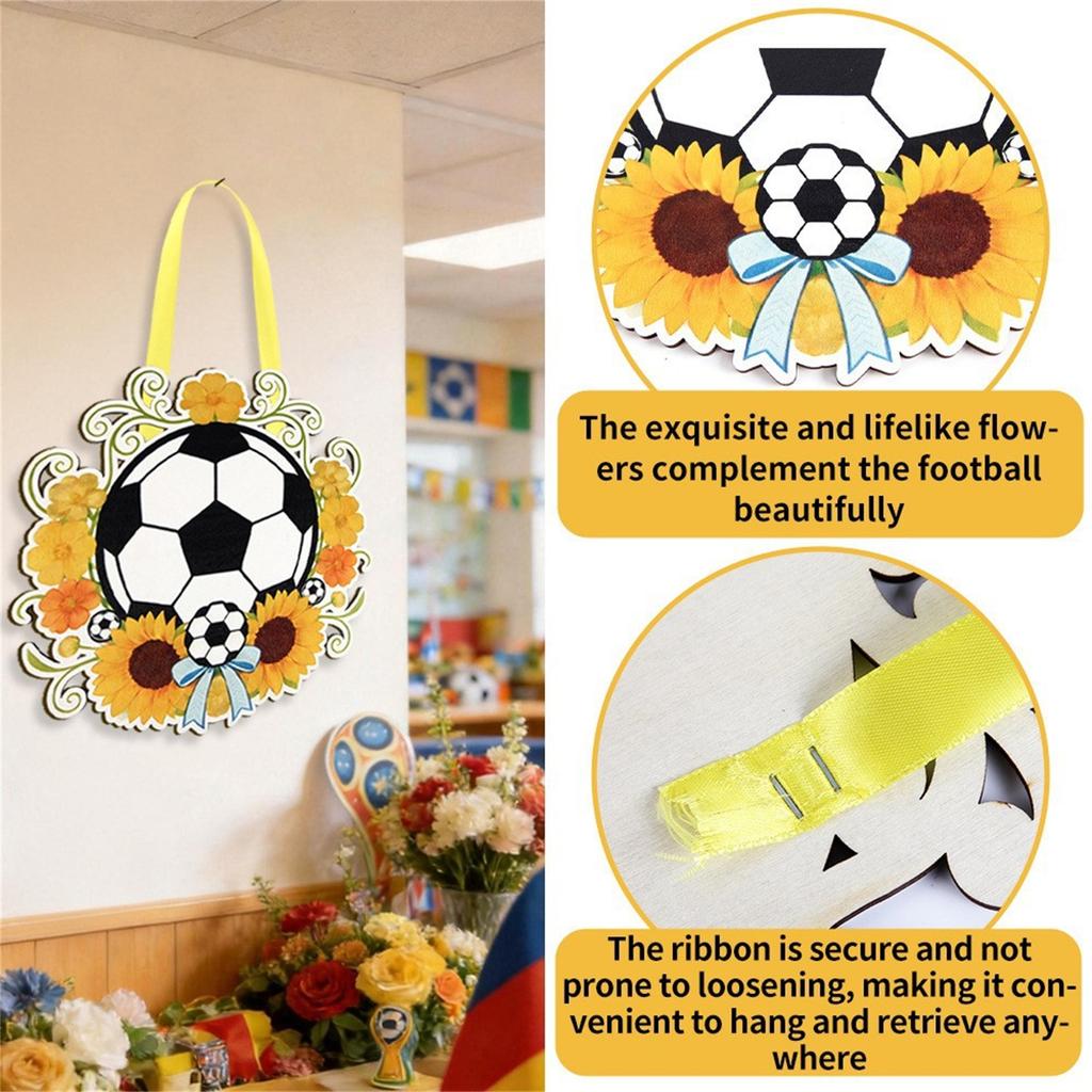 Soccer Ball Themed Decorative Hanging Sign with Floral Accents and Ribbon for Party Celebration Indoor Outdoor Use