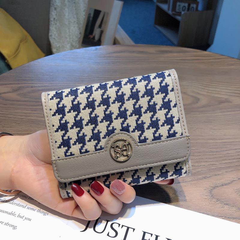 2025 Markendesign Kurze Geldbörse Hahnentrittstickerei Damen Münzfach Echtes Leder Dreifach-Brieftasche Rindsleder Kartenhalter