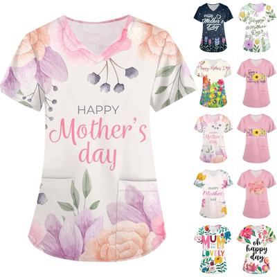 Women's Mother's Day Printed Loose V-Neck Pocket Short Sleeve UniformUniform