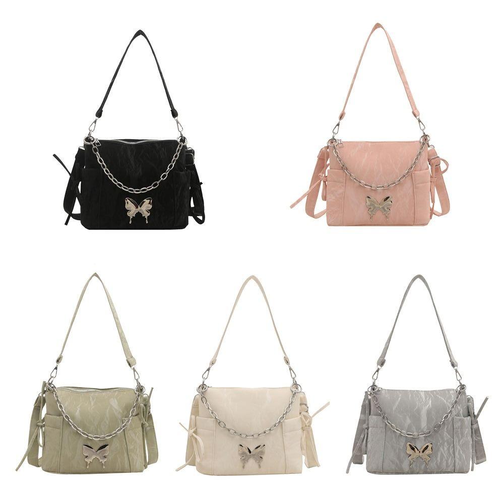 Pearls Chain Drawstring Shoulder Bag Butterfly Decor Girls Crossbody Bag Women