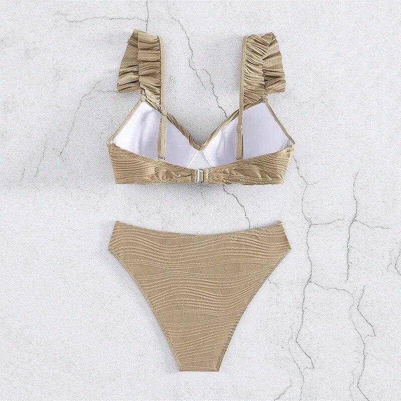 Sexy Khaki Ribbed Swimwear High Waist Bikinis Set Ruffled Swimsuit Cross Bandage Bathing Suit Brazilian Bikini Bather