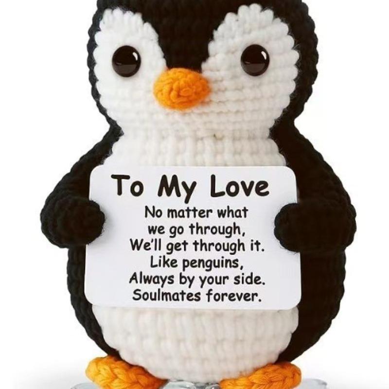 Penguin Positive Crochet Animals Doll With Card Desktop Ornament Emotional Support Handmade Knitted Cheer Up Toy