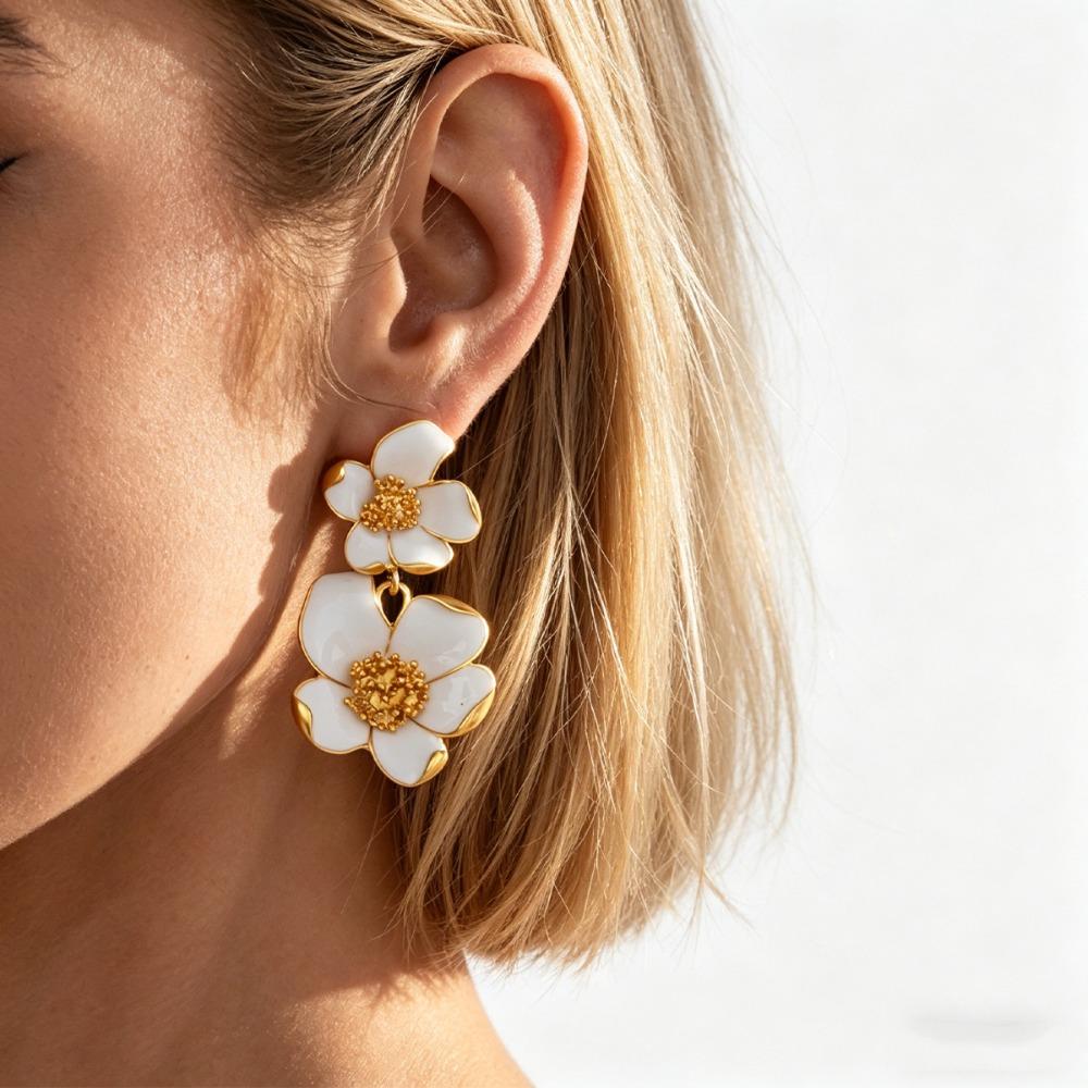Vintage White Cold Enamel Flower Dangle Earrings for Women Gold Color Double Layer Floral Drop Earrings Party Wedding Jewelry