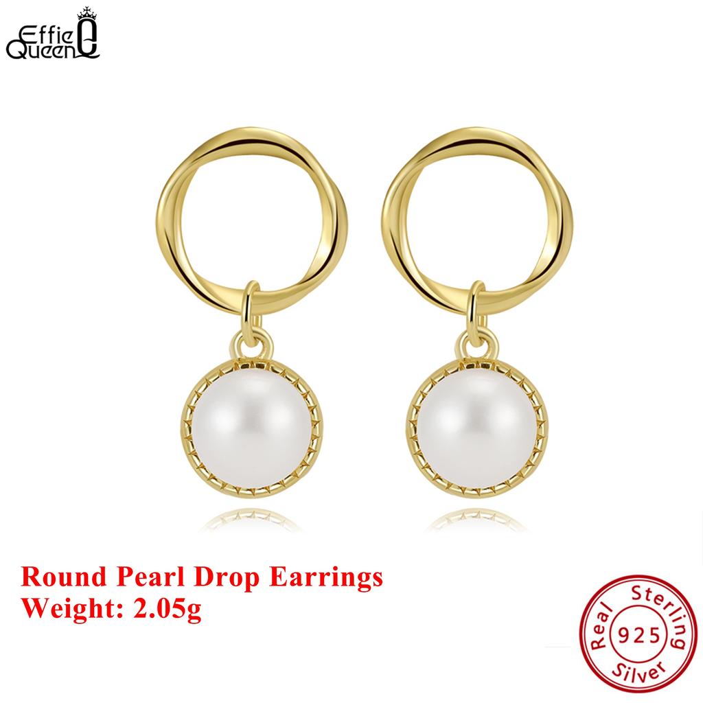 Effie Queen 100% S925 Silber 14k Gold Runde Süßwasserperlen Hängeohrringe Zeitloser Schmuck für Frauen Hochzeitsfeier Geschenk GPE121