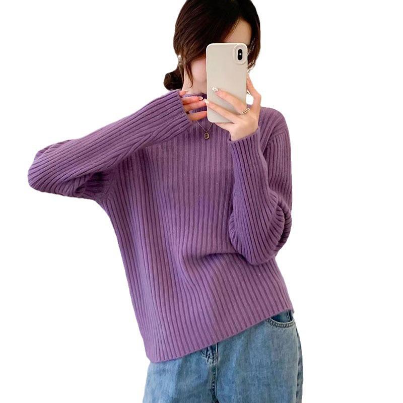 Women's Casual Ribbed Knitwear: Autumn & Winter Solid Color Loose Half-High Collar Sweater.