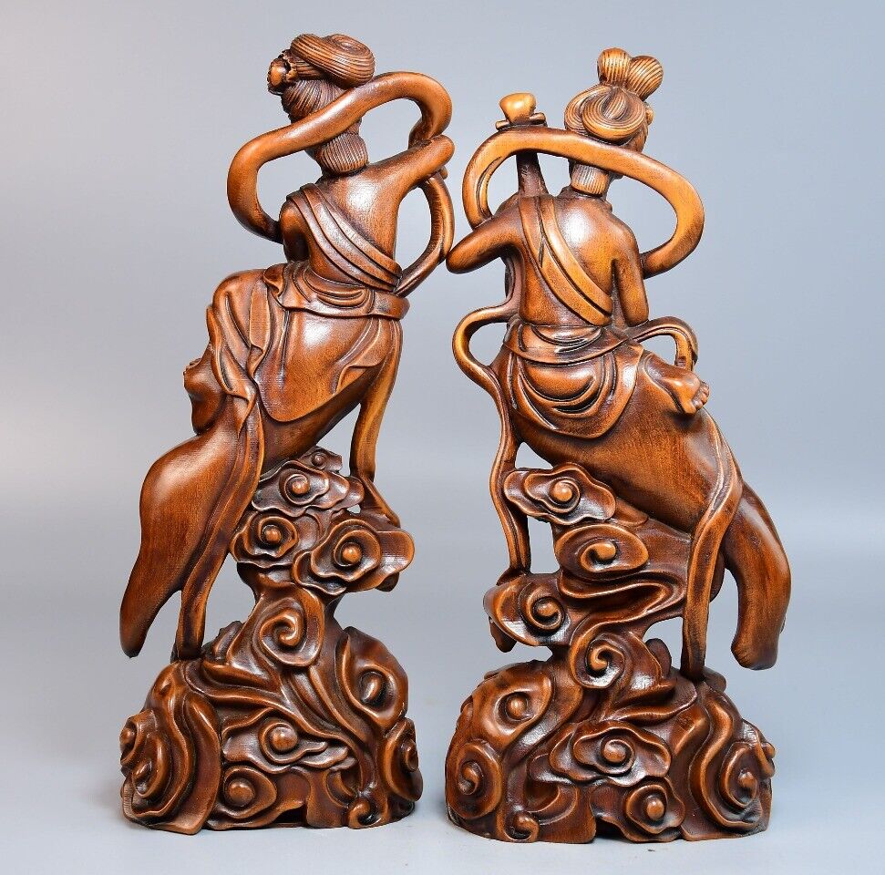 Chinese Antique Boxwood Carved Beautiful Woman Statue Sculpture Home Decor Art