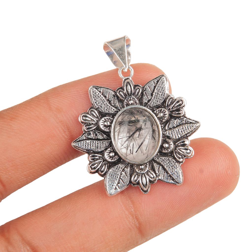 Natural Black Rutile Gemstone 925 Sterling Silver Jewelry Handmade Pendant 1.45" CP-14-19