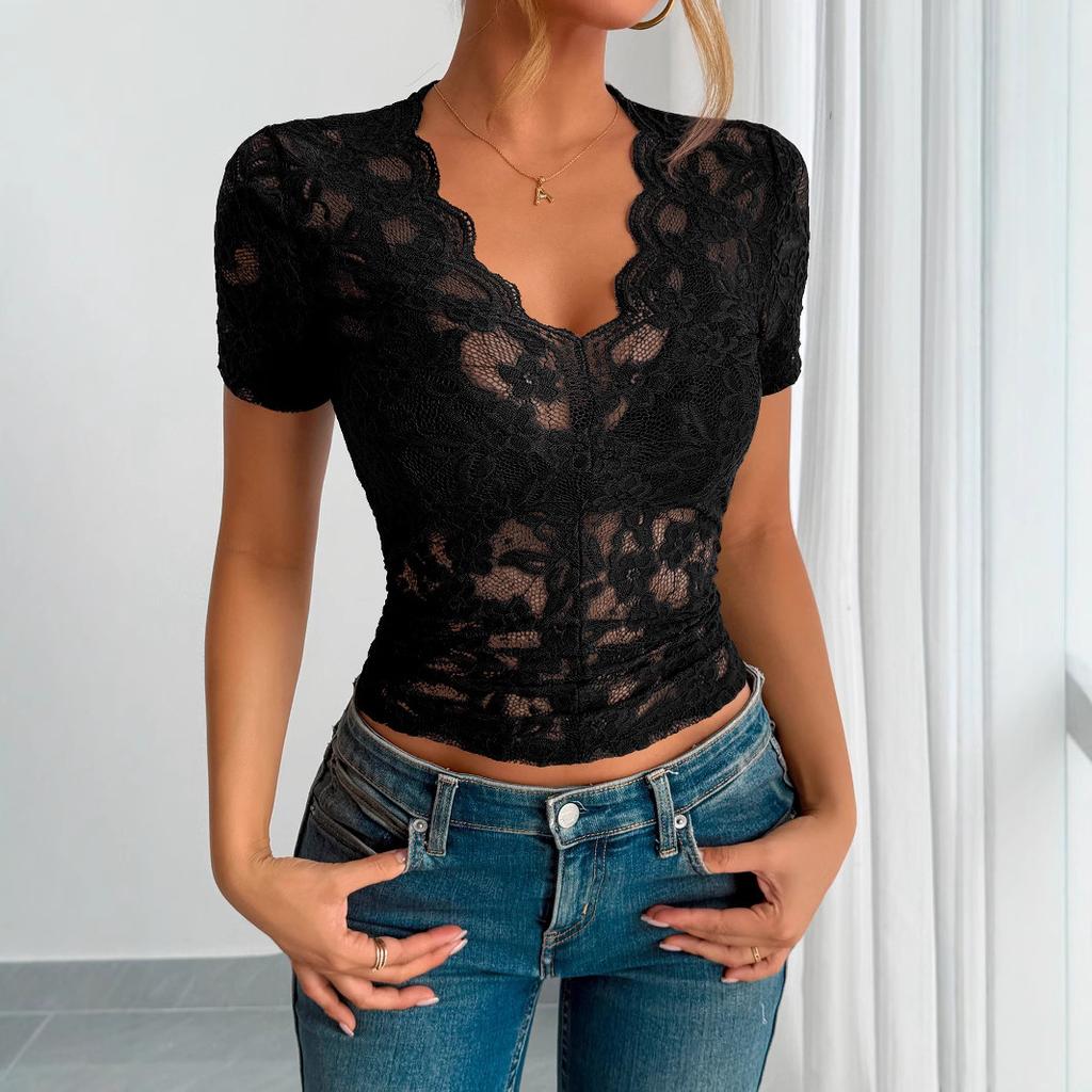 2026 Primavera Estate Nuova Camicia Monocolore Vestibilità Slim Scollo a V Manica Corta Bordi in Pizzo Può Essere Indossata Fuori Top Versatile da Donna