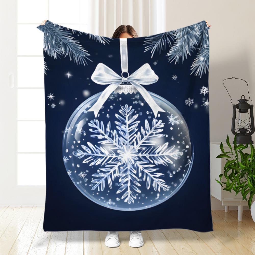 1pc Navy Blue & White Snowflake Print Flannel Blanket - Soft Warm All-Season Cozy Throw & S, Bed, Sofa, Car, Camping