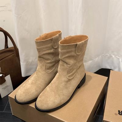 Blockabsatz Vintage Wildleder Schwarz Martin Stiefel Damen Schuhe 2025 Chelsea Schaft Khaki Kurze Stiefel Frühling und Herbst Einzelstiefel