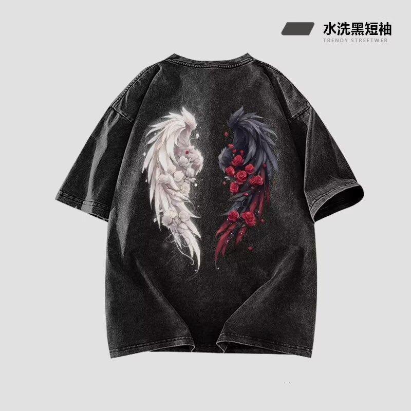 

Американский стиль Новая летняя футболка с принтом Темные крылья Мужская свободная повседневная Универсальная модная футболка Инс 5XL серый