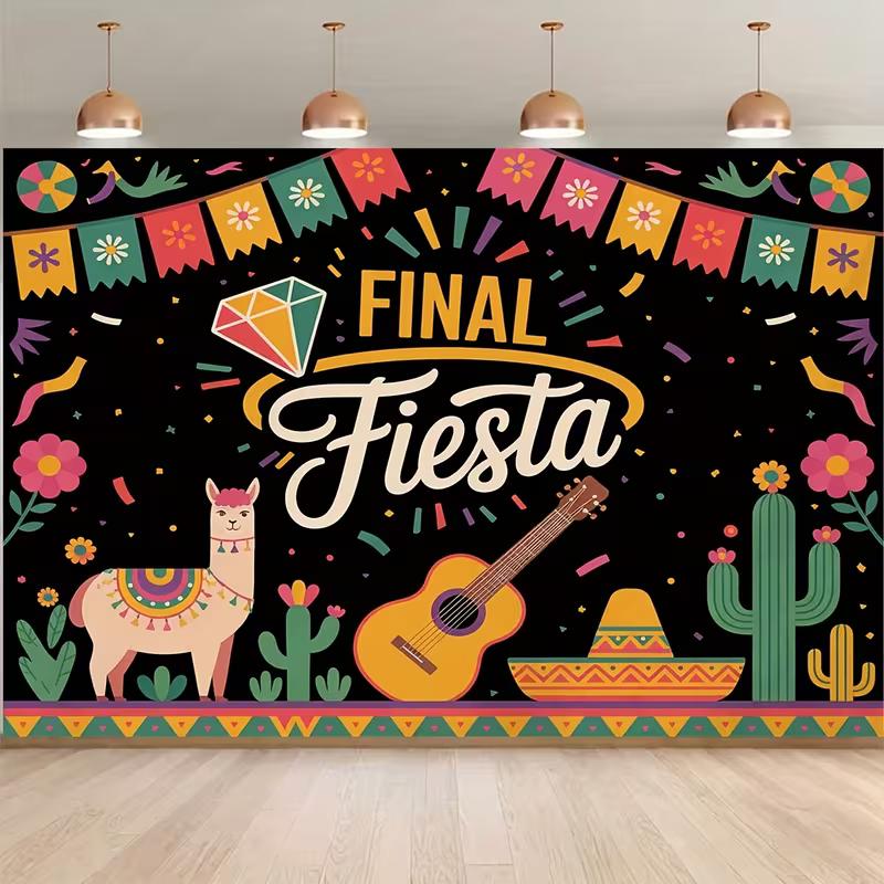 2D Final Fiesta Backdrop, Mexican Bachelorette Alpaca Cactus Guitar Photography Background Banner