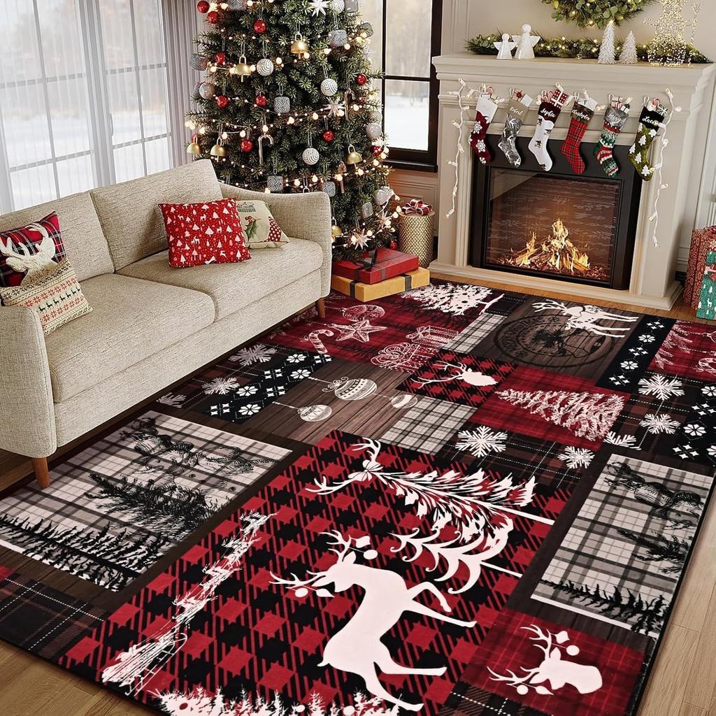 Christmas Rugs for Living Room Area Rug Snowflake Christmas Tree Washable Rug for Bedroom Non Slip Plaid Rugs Xmas Carpet