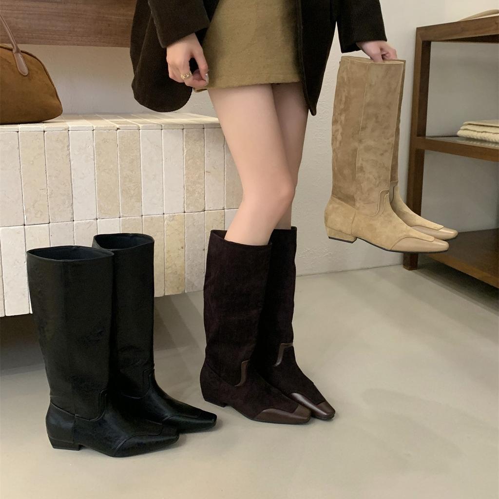 Suede boots women's 2025 autumn and winter square head inner height increase thick heel fashion boots women's western knight boots