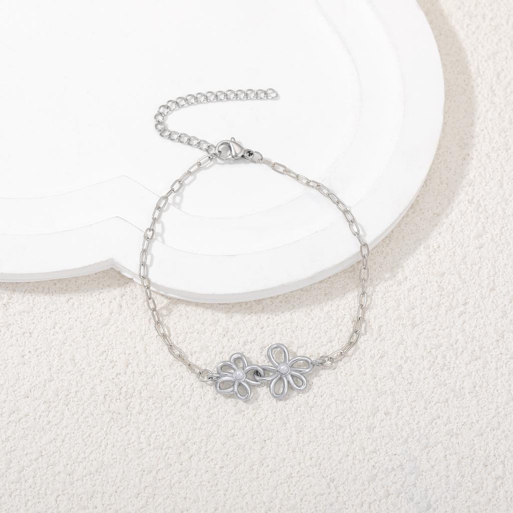Exquisite 18K Gold Plated Double Flower Bracelet for Women Grils Minimalist Adjustable Stainless Steel Chain Link Bracelets Gift