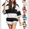 Damen Halb-Reißverschluss Color Block Lockerer Schnitt Trainingsanzug Set Gestreifte Borte Dreiviertelarm Oberteil Lässige Shorts Sportliches Loungewear Outfit