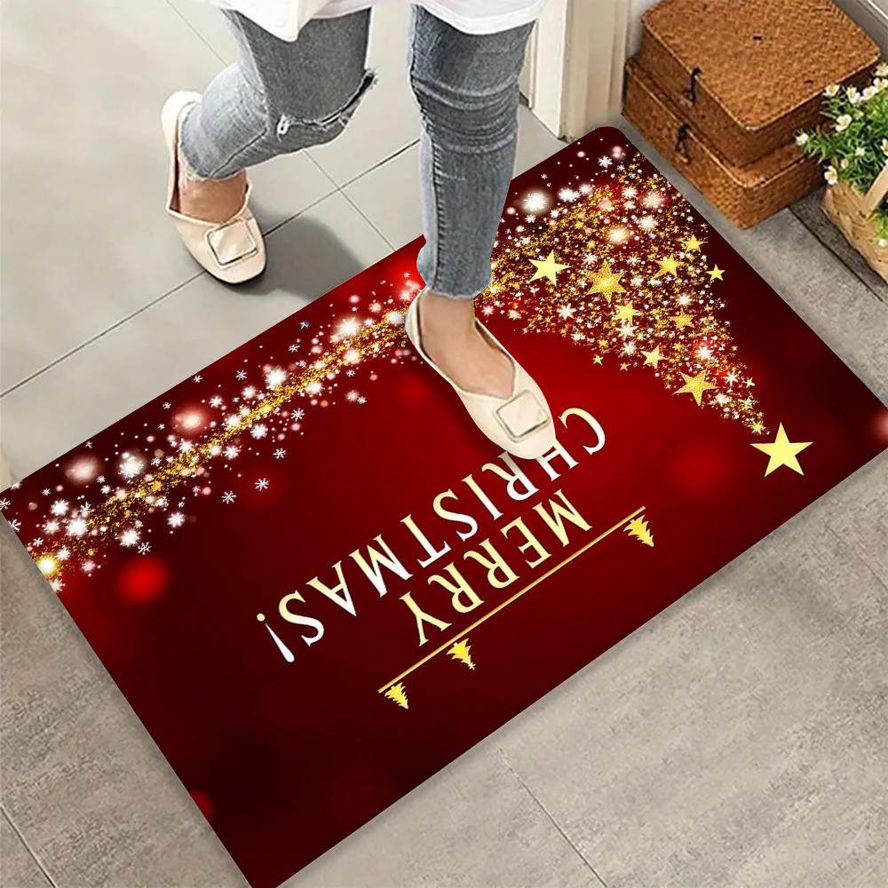 1pc Merry Christmas Indoor Door Mat Floor Mats,Red Black Golden Christmas Tree and Stars