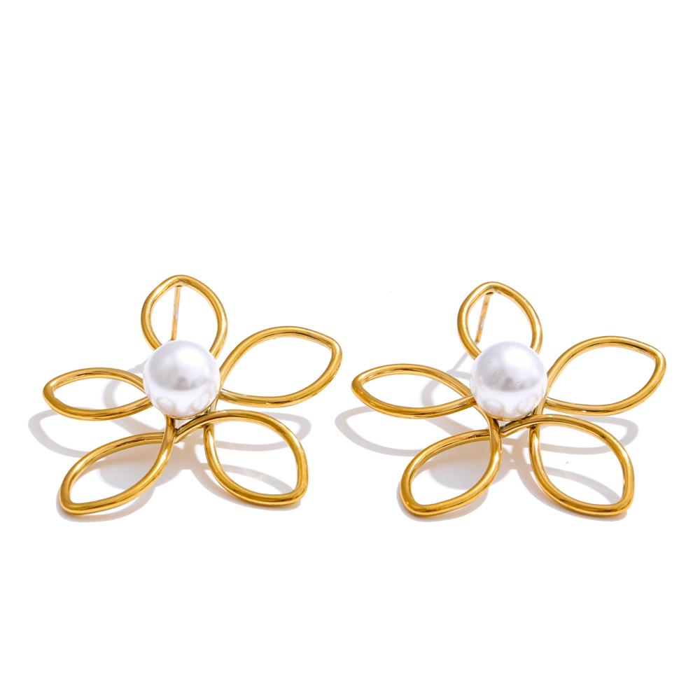Yhpup Summer Stainless Steel Pearl Flower Hollow Stud Earrings Waterproof 18K Gold Color Plated Trendy Attractive Jewelry