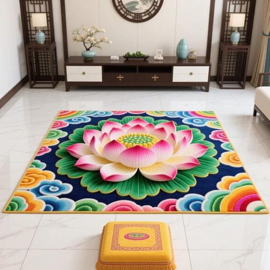 Yousheng Lotus Area Rug Non-slip Washable Flower Indoor Floor Mat Chinese Style Lotus Carpet Living Room Bedroom Office Home Decoration
