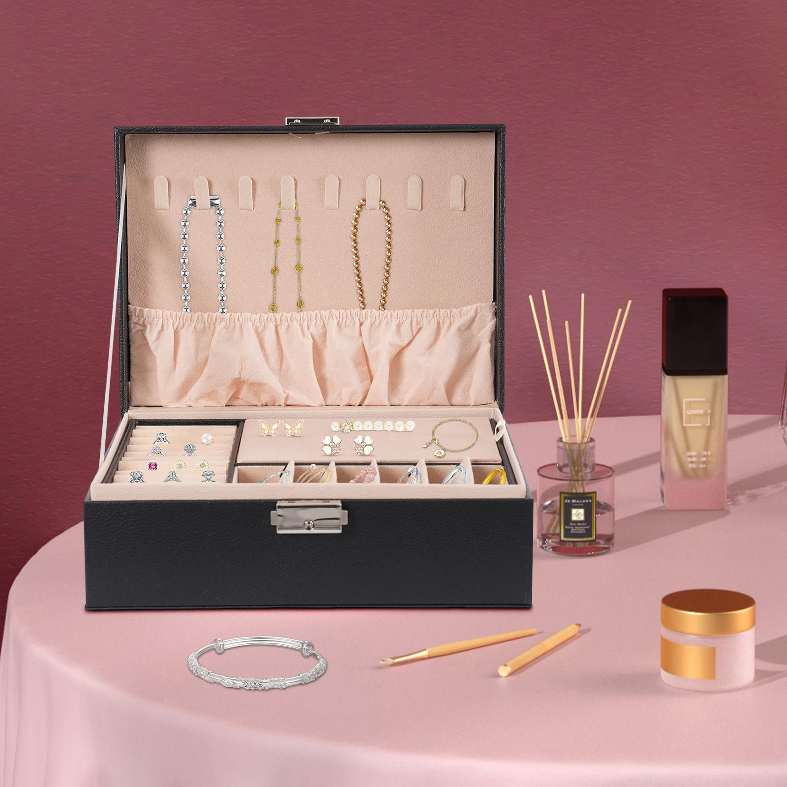 Bymaocar Black Double-layer PVC Jewelry Box Storage Organizer Detachable Divider With A Security Lock Eco-friendly & Odorless M чёрный