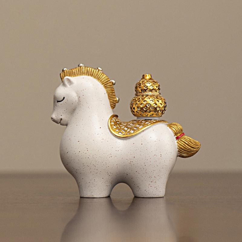 Good Fortune Horse Ornament, Artisanal Resin Table Decor with Rotating Gold Ingots, Auspicious Feng Shui Wealth Symbol