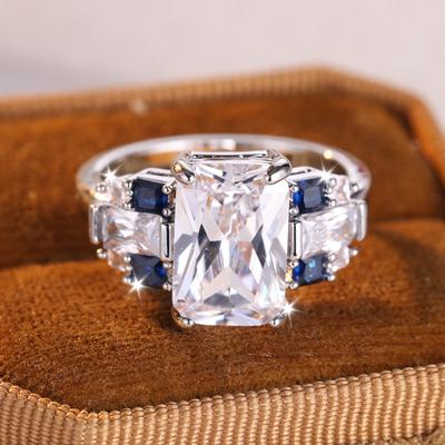 Personality White Blue Square Zircon Rings for Women Delicate Silver Color Wedding Party Jewelry Gift