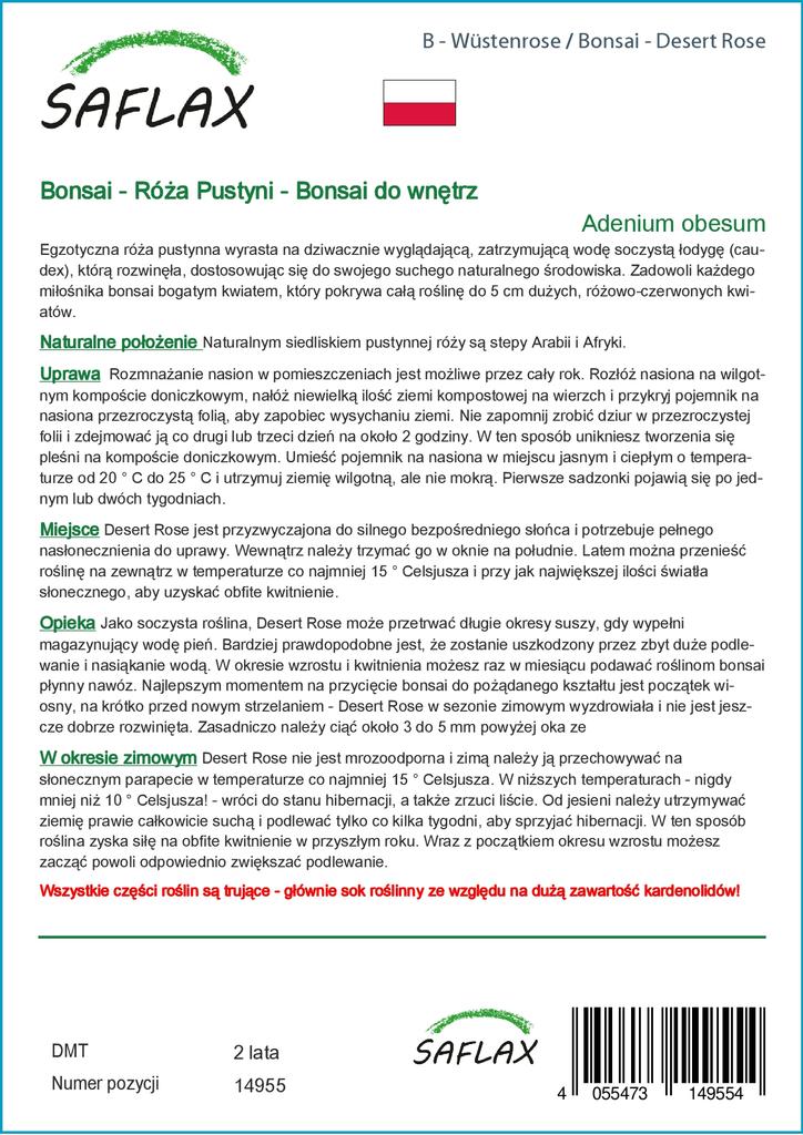SAFLAX Garden In the Bag - Bonsai - Desert Rose - 8 Seeds - With Substrate In a Fitting Stand Up Bag - Adenium Obesum