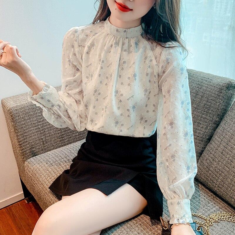 Thin Tops Loose Clothes Blusas 2026 Autumn Elegant Stand Collar Long Sleeve Shirt Sweet Floral Print Chiffon Blouse 28950