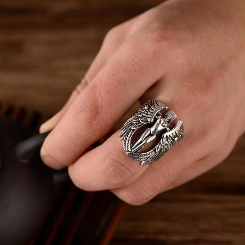 European and American Style Men's Ring Cross Angel Wings Trendy Domineering Fashion Simple Open Ring