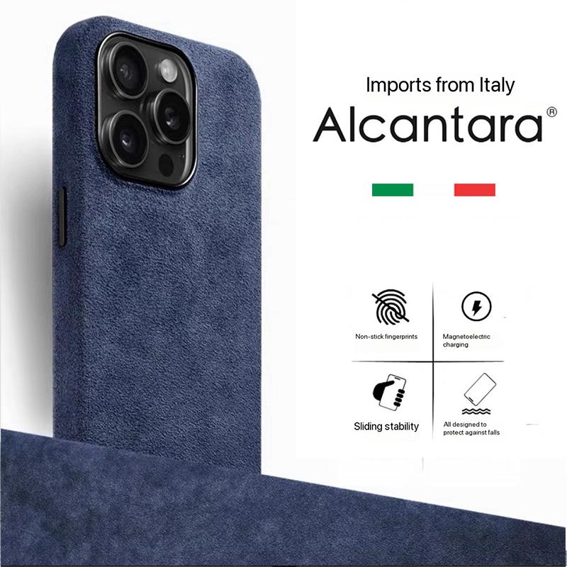 Echte Alcantara Hülle für IPhone 15 16 17 Pro Max Plus Air Luxuriöse Magnetische Abdeckung Leder Magsafe Handyhülle für 16 15 14 Pro Max For iPhone 16 Plus blau