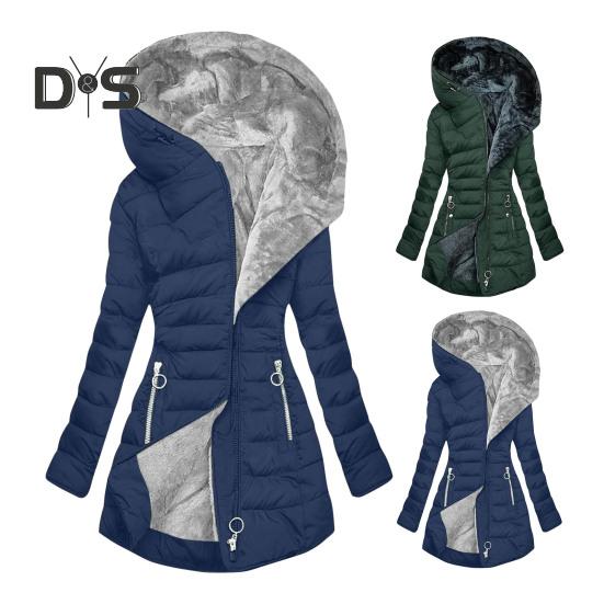 Giacca invernale da donna imbottita taglie forti con fodera in peluche, chiusura con cerniera imbottita, lunghezza media, con cappuccio, tinta unita, caldo, antivento