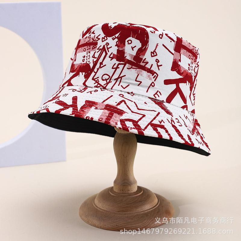 Doodle letter double-sided bucket hat, European and American fashionable casual sunshade hat, men's and women's spring/summer outing pot hat